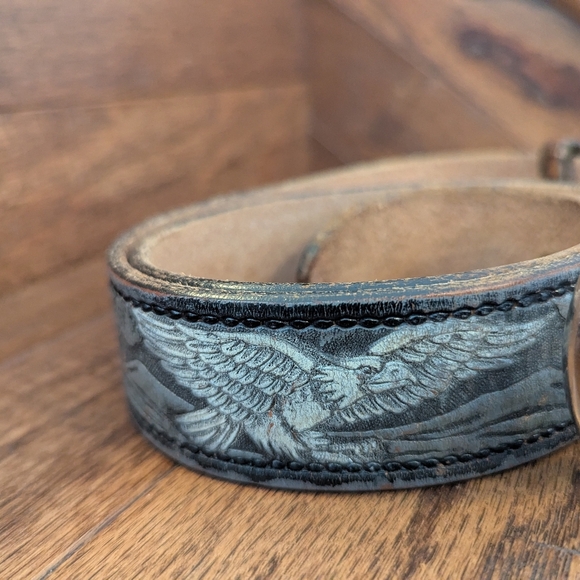 Brushy Creek Embossed Distressed Gray Leather Eagle Belt Sz 32 - Picture 11 of 13